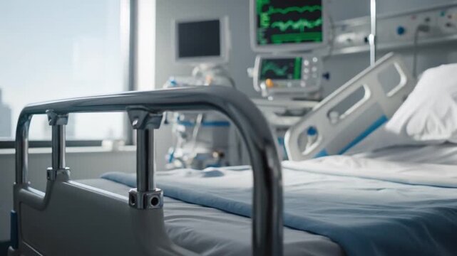 Empty Hospital Bed In ICU, Sterile Linens And Raised Metal Bedrail, Bedside Monitor Showing Green Vital Waveform, Ventilation Tubing And Infusion Pump, Soft Daylight Through Window, Quiet Anticipatory