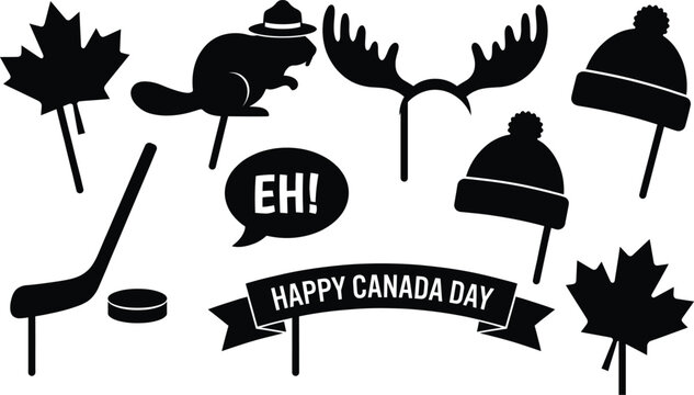 Canada day photo booth props set with maple leaves and beaver Vector Canada Day