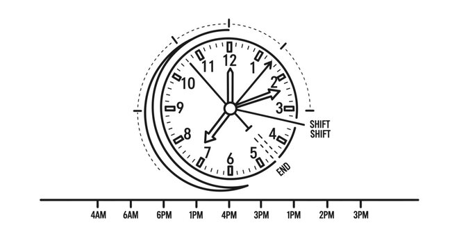 Minimalist black and white clock illustration with shift schedule timeline