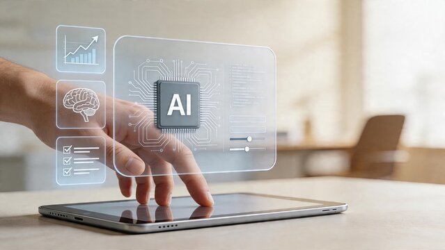 Businessman hand interacting with digital artificial intelligence technology holographic interface on tablet screen