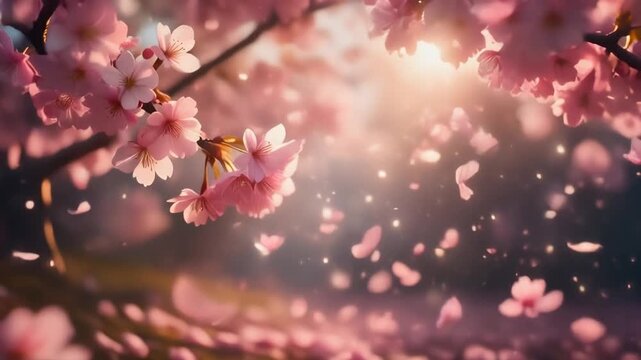 Japanese Sakura Blossoms Falling in Slow Motion with Soft Light, Cinematic Spring Background Loop 4K