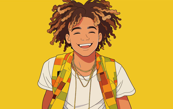 Cheerful young Black male with locs hairstyle in casual fashion