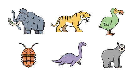 Fototapeta premium Cartoon illustrations of prehistoric animals woolly mammoth saber tooth tiger and more