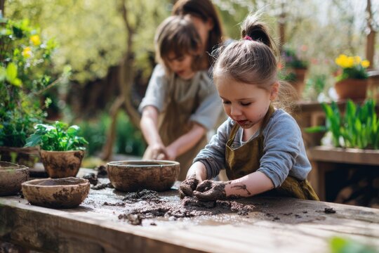 Playful Family Kids Making Mud Pie Outdoor Garden