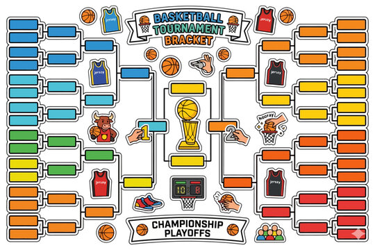 Basketball tournament bracket with jerseys and playoff championship schedule.