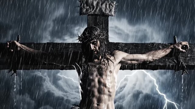 Jesus Christ on the cross during storm ideal for travel vlogs and eco-friendly campaigns