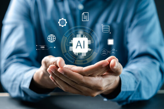 Person holding artificial intelligence microchip and digital icon. Machine learning and technology concept.