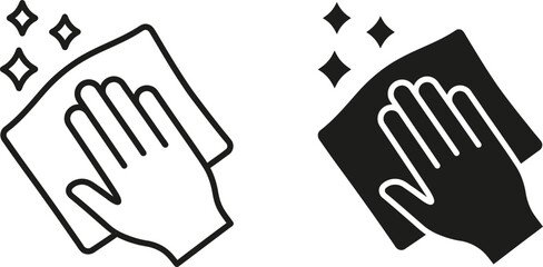 Obraz premium Hand holding a cleaning cloth wiping a surface, two variations in white and black colors