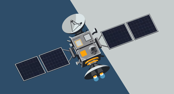 Satellite with solar panels and communication antenna vector illustration
