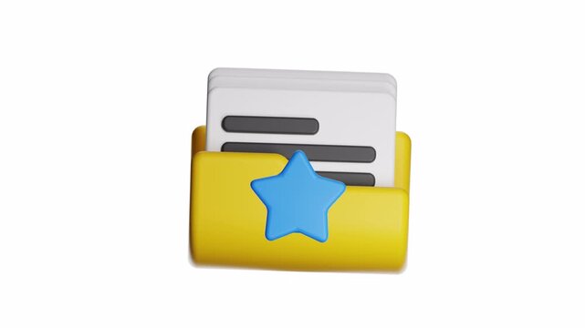 3d ux icon motion yellow folder with a blue star and documents. Ideal for office, school, or businessrelated designs, presentations, and promotions.