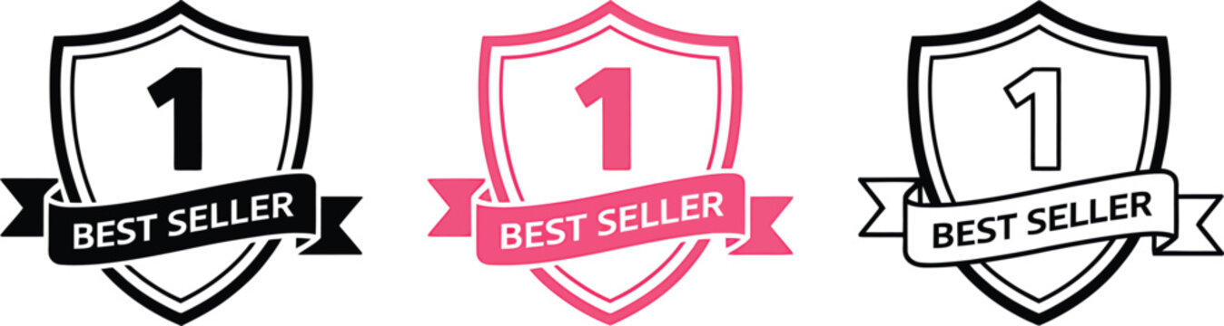 Best seller shield icons with number 1 in 3 modern graphic styles for commercial use