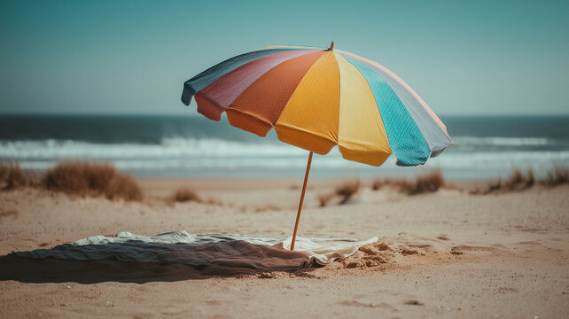 Colorful beach umbrella on empty Baltic beach with towel soft waves minimal summer scene copy space
