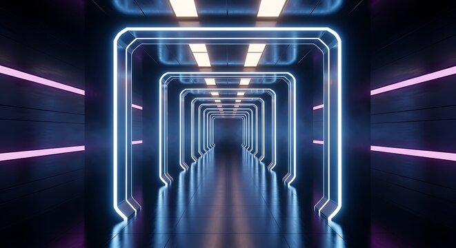 Futuristic Sci-Fi Tunnel Corridor with Glowing Neon Blue and Purple Lights, Modern Abstract 3D Rendered Architectural Hallway, Concept of Cyberpunk Space Interior Background Design