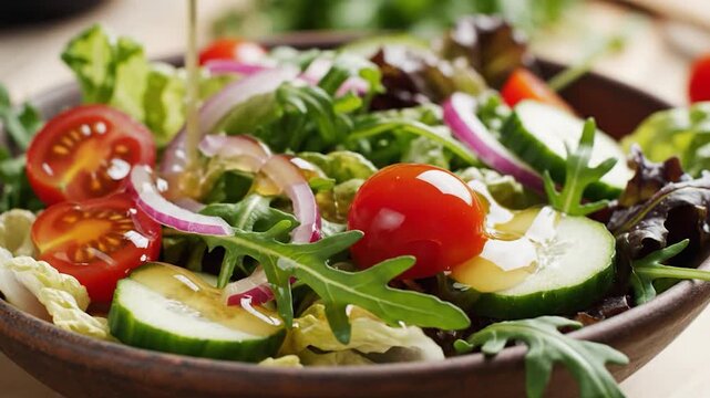 Fresh Garden Salad with Dressing Being Poured Over Crisp Vegetables and Greens.