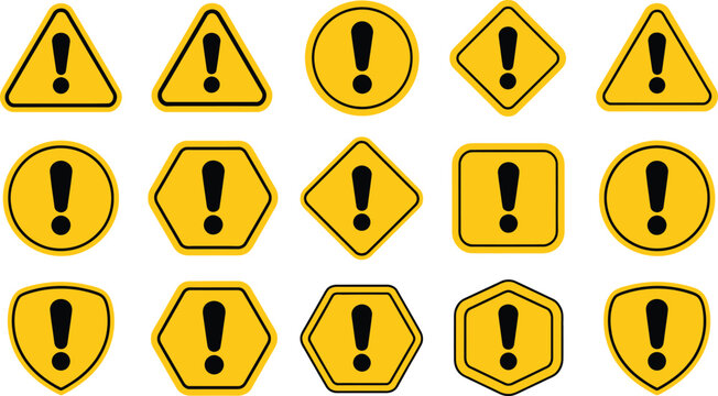 Warning signs 15 yellow caution hazard alert icons in various geometric shapes set