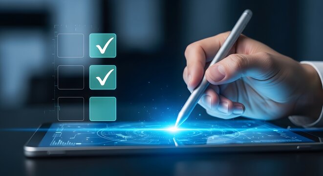 Hand using a stylus pen to mark a digital checklist on a tablet screen.
