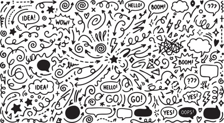 Large Collection of Hand-Drawn Doodle Elements Featuring Arrows, Speech Bubbles, Comic Expressions, Swirls, and Abstract Geometric Shapes in a Sketchy Pen Style © Red