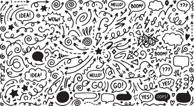 Large Collection of Hand-Drawn Doodle Elements Featuring Arrows, Speech Bubbles, Comic Expressions, Swirls, and Abstract Geometric Shapes in a Sketchy Pen Style
