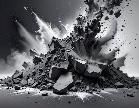 Dramatic explosion of rubble and debris.