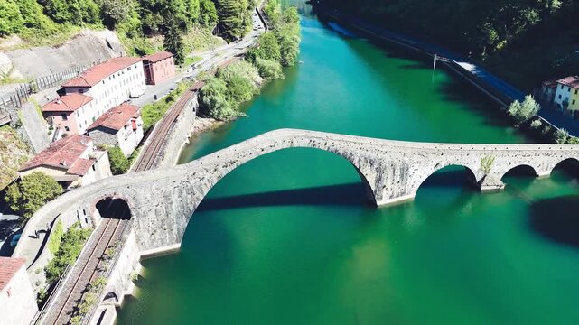 Aerial view of Devil&rsquo;s Bridge Ponte della Maddalena Borgo a Mozzano Tuscany