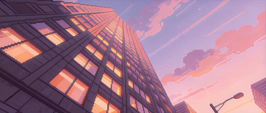 Pixel art city Pixel art city skyline at sunset with glowing window light, tall building and tower, pastel sky, warm light, pink sky, SEO friendly city art scene