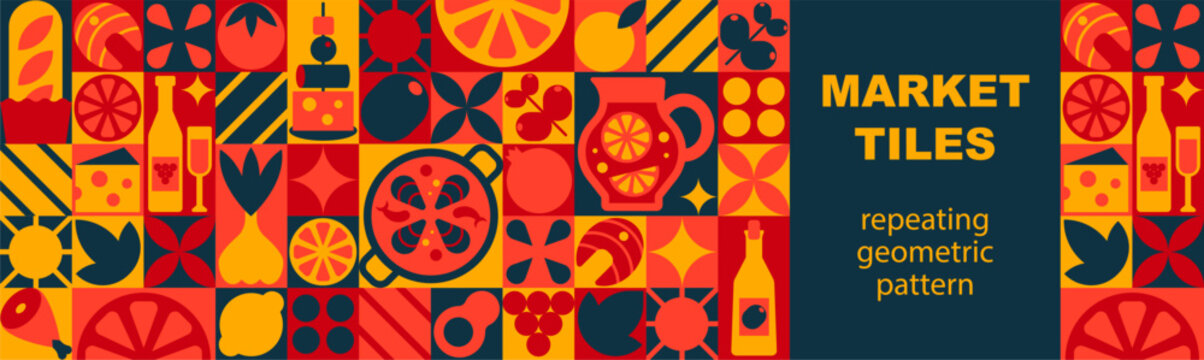 Seamless market pattern with food elements in simple geometric colorful style, Mediterranean grocery