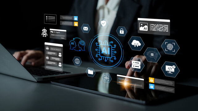 A businessman interacts with a laptop displaying advanced AI technology and digital elements, symbolizing innovation and productivity in a modern office setting at night. Ledger