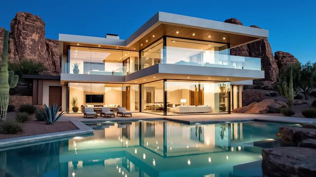 Modern house with pool in desert landscape symbolizing tranquility, harmony, and natural balance