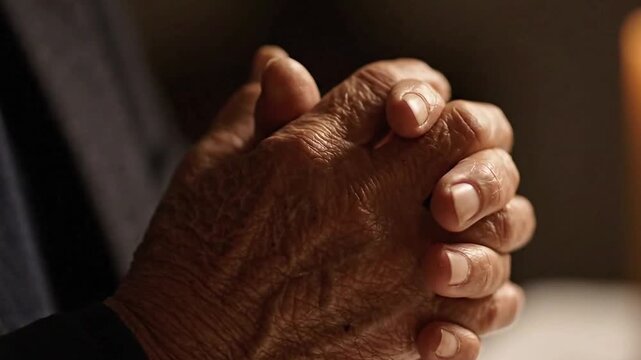 Close-up shot of elderly person's praying hands, conveying a sense of devotion and contemplation