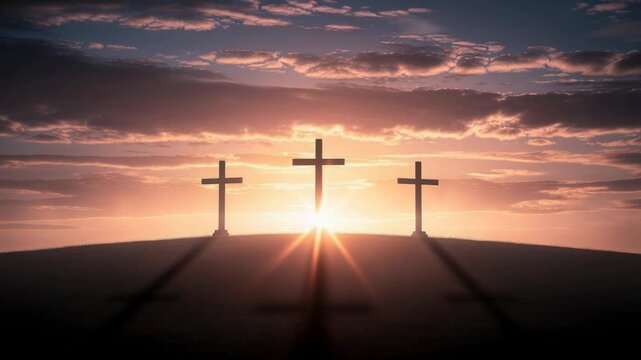 Three crosses on hill with dramatic sunrise and cloudy sky spiritual religious landscape