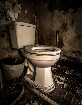 Dirty old toilet in abandoned bathroom.