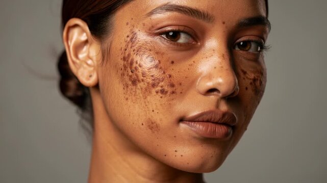 Close up of young woman with natural skin pigmentation and freckles on face with soft lighting