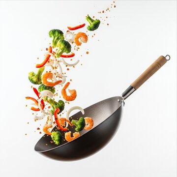 Stir-fry cooking with flying shrimp and vegetables in a wok pan isolated on white background