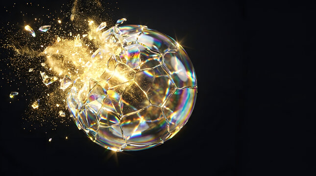 Clear orb shattering into golden fragments on a dark background. Suitable for abstract backgrounds, graphic designs, and mystical concepts.