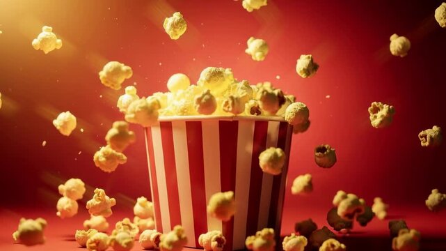 Delicious popcorn flying out of striped bucket with warm lighting perfect for movie night snack
