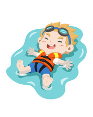 Naklejka premium Boy wearing life jacket floating on water suraface cartoon illustration