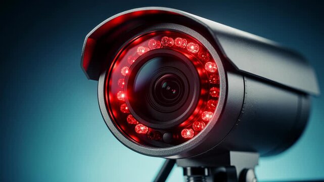 Close up of modern CCTV security camera with red infrared lights for surveillance and monitoring