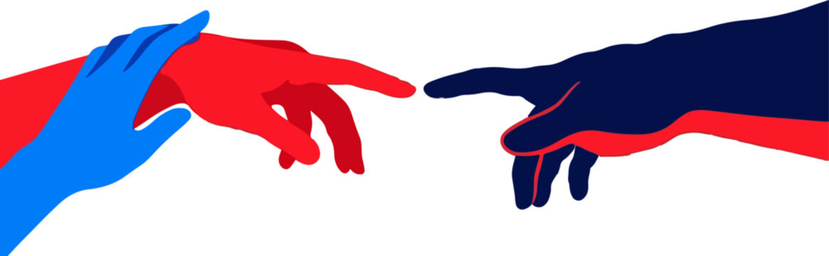 Minimalist creation of adam concept vector, reaching hands in red and blue flat style, modern artistic touch gesture illustration for connection