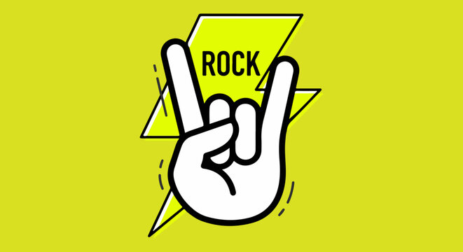 Rock and roll hand gesture with lightning bolt, heavy metal horns sign vector illustration, music festival poster graphic on lime green background