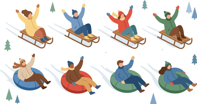 Winter outdoor activities vector set, people riding sleds and snow tubes, happy characters sliding on snowy hills, flat seasonal recreation illustration
