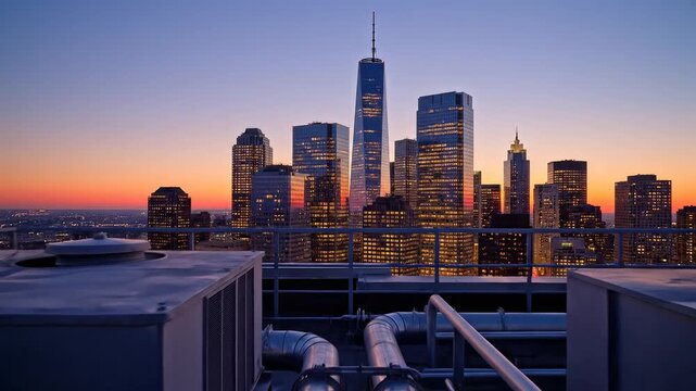 City skyline at sunset with rooftop equipment perfect for scenic backgrounds and natural storytelling
