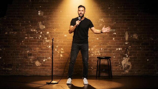 Man performing stand up comedy on stage with microphone and spotlight in front of brick wall