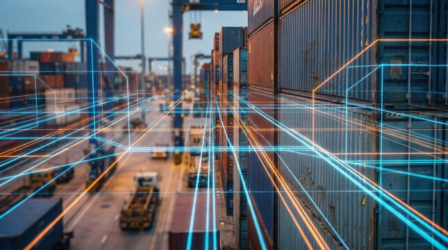 Supply chain resilience concept with digital lines overlay on shipping container yard showing logistics and transportation infrastructure for global trade and cargo handling