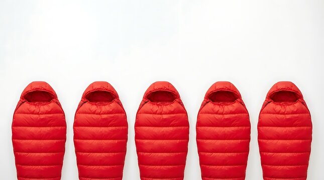 Five bright red sleeping bags lined up neatly in a row against a plain white background studio shot from above overhead view.