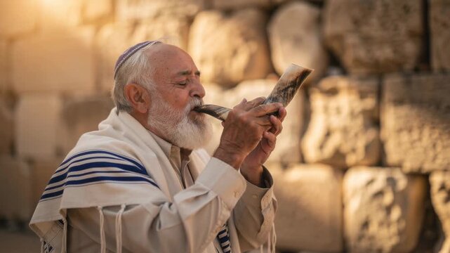 Elderly Jewish man blowing shofar during religious ceremony at ancient stone wall