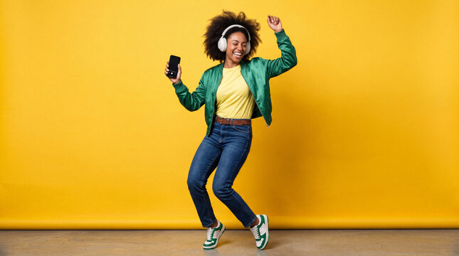 Dancing woman wearing headphones and green jacket holds phone in front of bright yellow background in this fun indoor scene