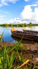 Obraz premium The result of AI generation. A wooden boat floats gently in the open sea under a calm, cool atmosphere.