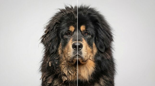 Before and after grooming of a Tibetan Mastiff with dirty and clean fur.