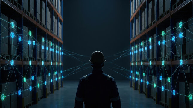 Warehouse worker supply chain resilience network storage logistics distribution technology inventory connection digital industry shelves boxes data system management futuristic communication