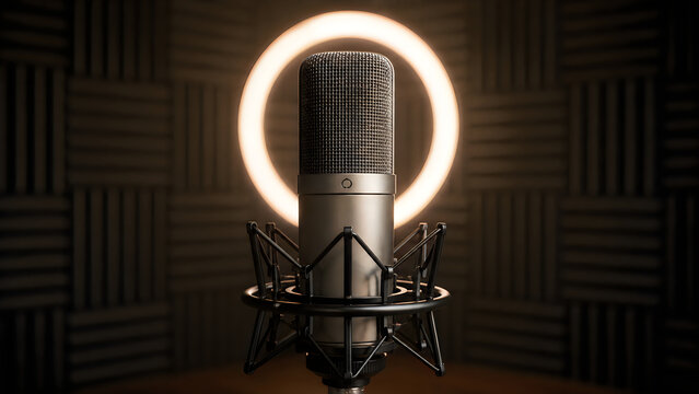 Microphone with ring light in recording studio